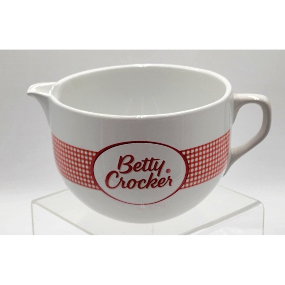 Betty Crocker Mixing Bowl Large White Red Gingham Ceramic Pour Spout Batter